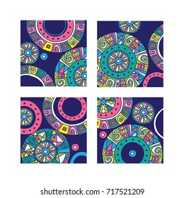 A set of four abstract illustrations with bright circles on a dark blue background.
