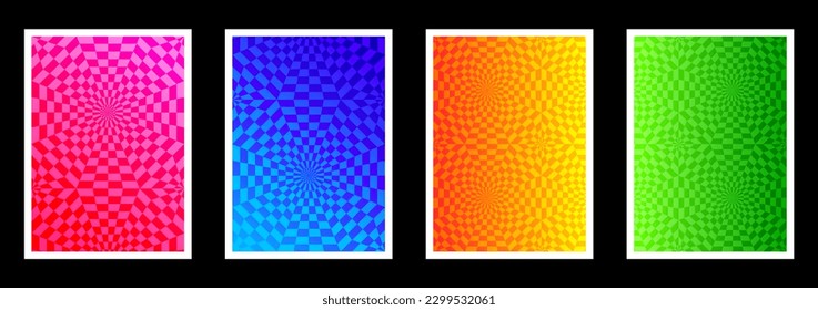 Set of four abstract illustrations. Octagon n square spiral wave rhythm dynamic,3d color effect. Optical illusion pattern for funny brochure cover template design.