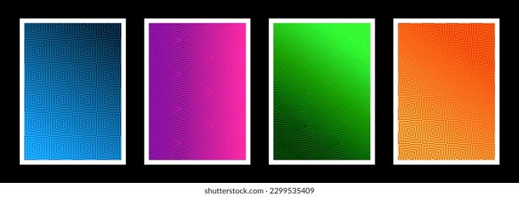 Set of four abstract illustrations. Square and triangle with 3d color effect pattern. Optical illusion background for funny brochure cover template design.
