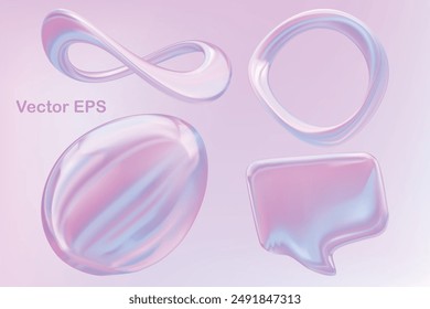 A set of four abstract, iridescent shapes in a holographic pastel color palette. The shapes include an infinity symbol, a circle, a sphere, and a chat bubble.