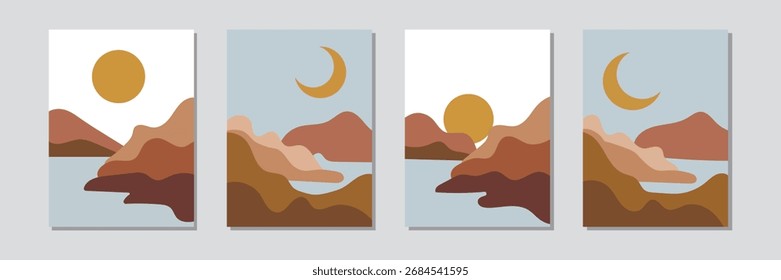 set of four abstract landscape posters. abstract poster with sun, moon, mountain. boho minimal wall decor poster. vintage retro style modern artistic background