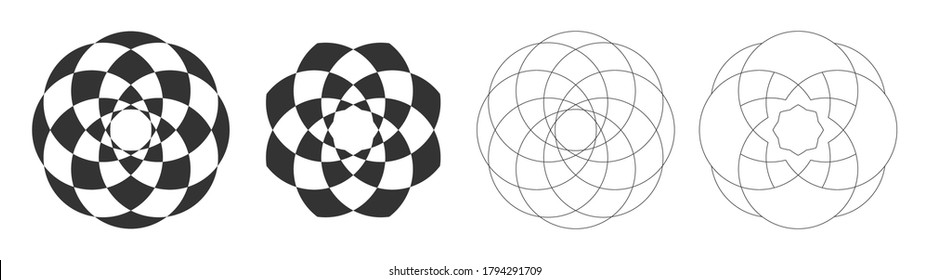 Set of four abstract mandalas, sacred geometry symbols, lotus. Geometric symmetric patterns. Vector mobochrome illustration.