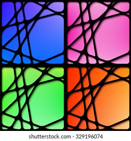 Set of four abstract mesh black frames with blurred background, colors correspond to the four seasons - blue, pink, green, orange