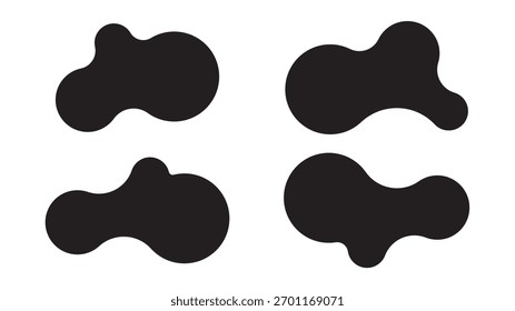 Set of four abstract metaball shapes with connected dots and morphing blobs. Geometric vector icons with fluid, organic metaball forms. Vector illustration