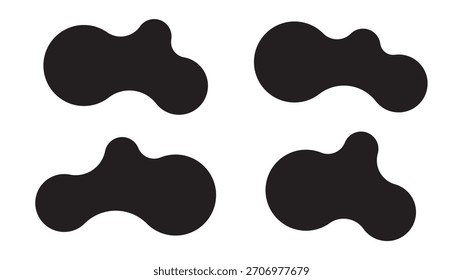 Set of four abstract metaball shapes with connected dots and morphing blobs. Geometric vector icons with fluid, organic metaball forms. Vector illustration