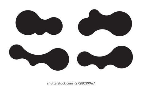 Set of four abstract metaball shapes with connected dots and morphing blobs. Geometric vector icons with fluid, organic metaball forms. Vector illustration