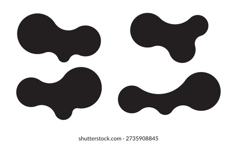 Set of four abstract metaball shapes with connected dots and morphing blobs. Geometric vector icons with fluid, organic metaball forms. Vector illustration
