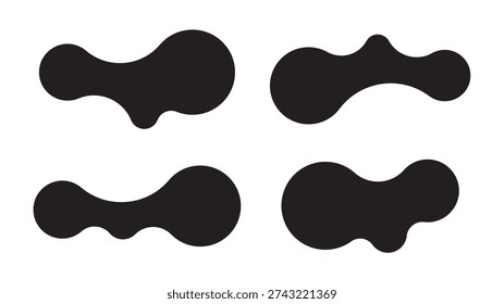 Set of four abstract metaball shapes with connected dots and morphing blobs. Geometric vector icons with fluid, organic metaball forms. Vector illustration