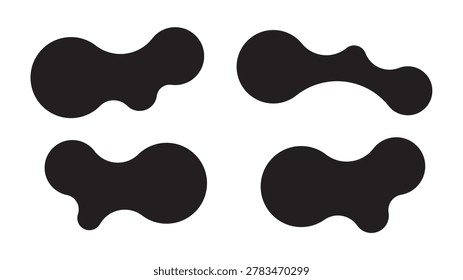 Set of four abstract metaball shapes with connected dots and morphing blobs. Geometric vector icons with fluid, organic metaball forms. Vector illustration