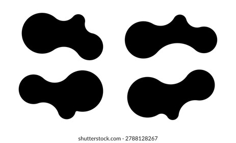 Set of four abstract metaball shapes with connected dots and morphing blobs. Geometric vector icons with fluid, organic metaball forms. Vector illustration