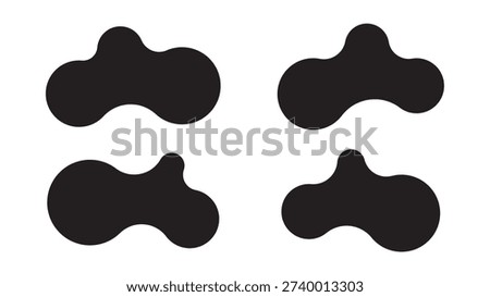 Set of four abstract metaball shapes with connected dots and morphing blobs. Geometric vector icons with fluid, organic metaball forms. Vector illustration