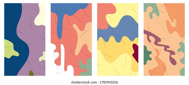 A set of four abstract minimalist backgrounds. Hand drawn illustration with wavy balanced shapes, doodles for wall decoration, postcards or brochures, cover design, stories, social media, app design.