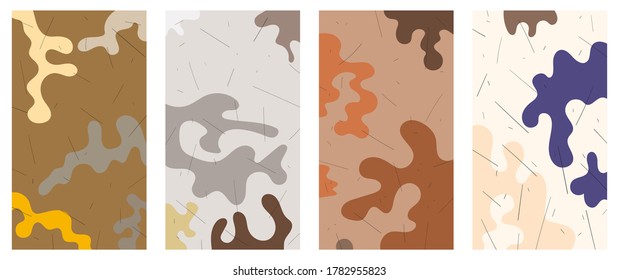 A set of four abstract minimalist backgrounds. Hand drawn illustration with wavy balanced shapes, doodles for wall decoration, postcards or brochures, cover design, stories, social media, app design.