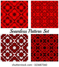 Set of four abstract modern geometric seamless patterns with rhombus, square, triangle and star shapes of red, black and white shades