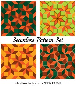 Set of four abstract modern geometric seamless patterns with rhombus and squares of green, orange, yellow and brown shades