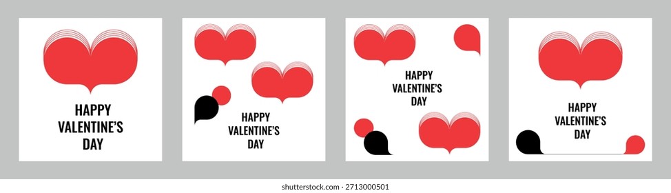 Un conjunto de cuatro Plantillas cuadradas abstractas y modernas del Día de San Valentín. Tarjetas abstractas minimalistas con corazones y Formas geométricas. Ilustración vectorial.