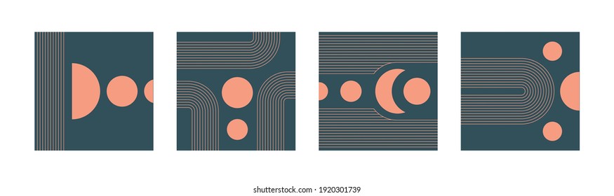 Set of four Abstract modern Vector Backgrounds. Circles, Lines, Curves. Geometrical Design. Minimalistic boho elegant concept. Square Patterns. Every poster is isolated