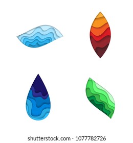 Set of four abstract nature elements with cut paper textures isolated on white background