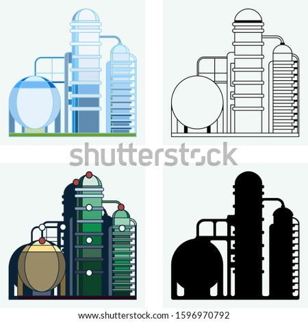 Set of four abstract oil refinery factory icons in linear style  featuring petrochemical technology, industry buildings, oil and gas refinery equipment.  
