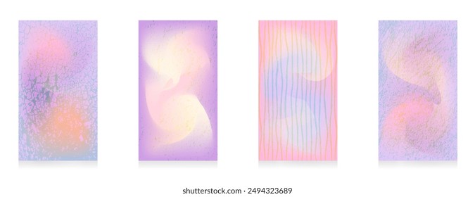 Set of four abstract pastel backgrounds featuring grunge textures and wavy patterns in pink, purple, and white tones.