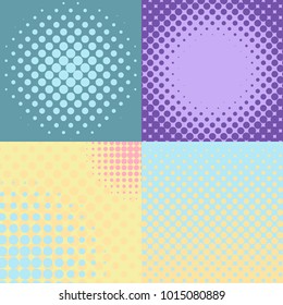 Set of four abstract pastel colored backgrounds with dotted halftone effect. Vector illustration
