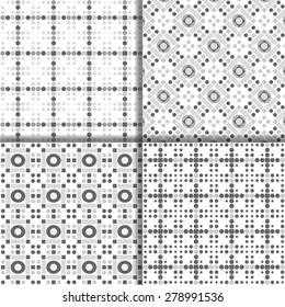 Set of four abstract patterns with shapes: circles, squares and squares with rounded corners - in black and white. Pattern for fabric. Retro background. Stock vector.