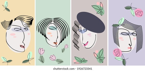 A set of four abstract portraits on color backgrounds. Vector illustration