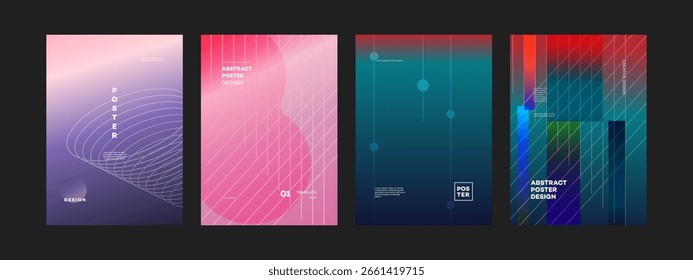 Conjunto de cuatro Plantillas de póster abstractas con Gradientes geométricos y diseños modernos. Incluye 01 estilo de Plantilla. Ideal para branding, marketing y publicidad.