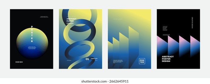 Set of four abstract poster templates. Modern gradient designs in blue, yellow and pink colors. Ideal for corporate branding, presentations or marketing materials.