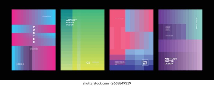 Conjunto de cuatro Plantillas de póster abstractas con colores degradados vibrantes y diseños geométricos. Perfecto para marcas modernas, materiales de marketing o proyectos creativos. Incluye Plantilla Estilo 01.
