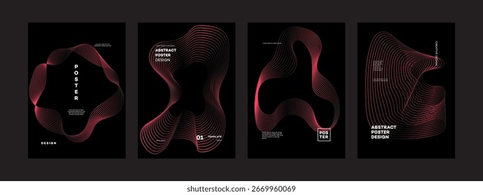 Conjunto de cuatro Plantillas de póster abstracto. Cuenta con diseños de onda de línea roja sobre un fondo negro. Estilo moderno y minimalista perfecto para diversas aplicaciones.