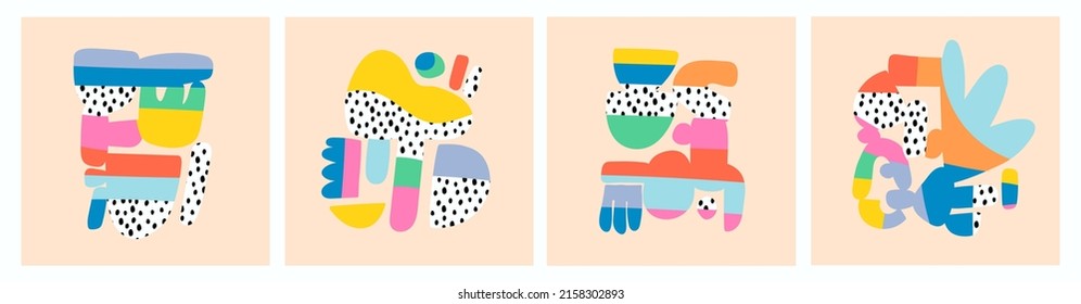 Set of four abstract Posters. Square backgrounds, Patterns. Hand drawn various shapes. Contemporary modern art. Trendy colorful Vector illustrations. Bright colors. Every poster is isolated