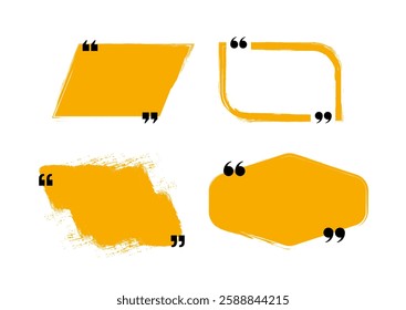 Set of four abstract quote frames in yellow with artistic brush and geometric shapes on a white background. Each frame is designed for text placement. Vector illustration