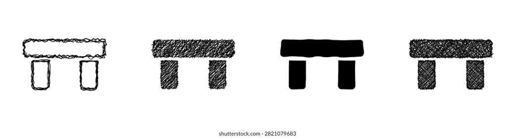 A set of four abstract representations of ancient megalithic structures, each depicted with unique artistic textures and line work