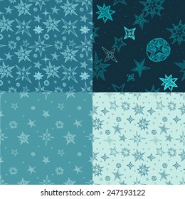 set of four abstract seamless backgrounds, fantasy hand drawn stars