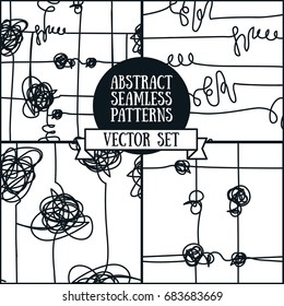 set of four abstract seamless backgrounds, black and white doodle lines, vector illustration