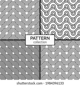 Conjunto de cuatro abstractos sin fisuras. Patrones trenzados sin inconvenientes, líneas onduladas. Texturas de rayas interminables con elementos sinuosos. Fondo monocromo geométrico vectorial.