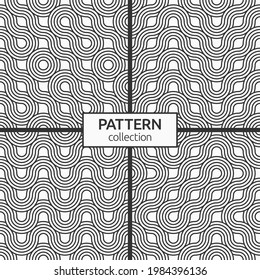 Conjunto de cuatro abstractos sin fisuras. Patrones trenzados sin inconvenientes, líneas onduladas. Texturas de rayas interminables con elementos sinuosos. Fondo monocromo geométrico vectorial.