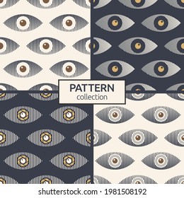 Set of four abstract seamless eyes patterns. Stylized eye shapes. Striped eyes. Vector color illustrations.