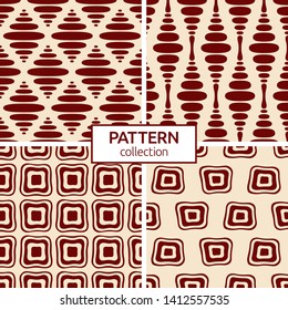 Set of four abstract seamless geometric patterns of regularly repeating geometric shapes. Aboriginal painting style. Doodle sketch style. Tribal ornament. Flat design. Vector color illustration.
