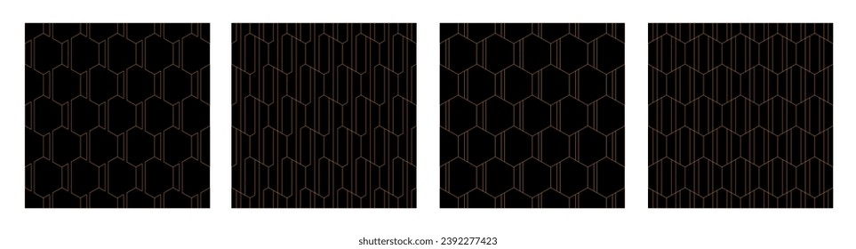 Set of four abstract seamless hexagonal lattice outline patterns. Orange thin lines, isolated on black baclground. Geometric simple vector backgrounds. Vector patterns collection.