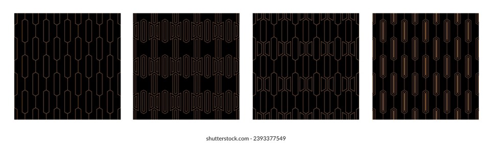 Set of four abstract seamless lattice outline patterns. Hexagonal lattice patterns. Orange thin lines, isolated on black baclground. Geometric simple vector backgrounds.