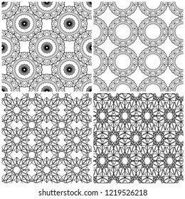 Set of four abstract seamless mesh patterns with interlacing black lines on the white background, vector hand drawing 
