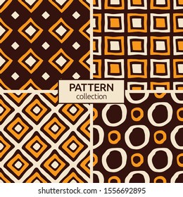 Set of four abstract seamless patterns of hand drawn shapes. Textured circles patterns. Brush strokes. Geometric shapes ornaments. Diagonal lines. Color vector backgrounds.