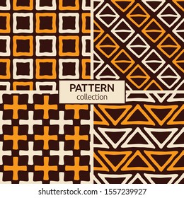 Set of four abstract seamless patterns of hand drawn shapes. Textured circles patterns. Brush strokes. Geometric shapes ornaments. Diagonal lines. Color vector backgrounds.