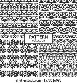 Set of four abstract seamless patterns. Antique ornaments. Modern stylish textures. Repeating geometric shapes. Vector monochrome backgrounds.