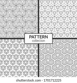 Set of four abstract seamless patterns. Modern stylish textures. Striped linear geometric tiles with triple weaving elements. Digital paper, textile, package, wallpaper. Vector monochrome backgrounds.