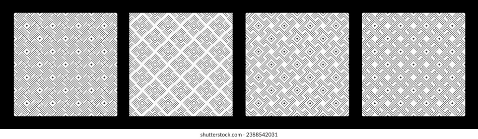 Set of four abstract seamless patterns with repeating geometric rhombuses, simple outline shapes. Linear patterns. Geometric lattices. Black and white background.