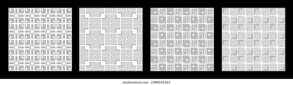 Set of four abstract seamless patterns with repeating geometric simple outline squares. Linear patterns. Repeating black and white backgrounds.