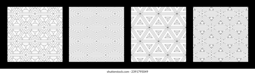 Set of four abstract seamless patterns with triangles. Outline stylish geometric lattice. Ornamental triangles patterns. Black and white vector backgrounds. Geometric tiles patterns.
